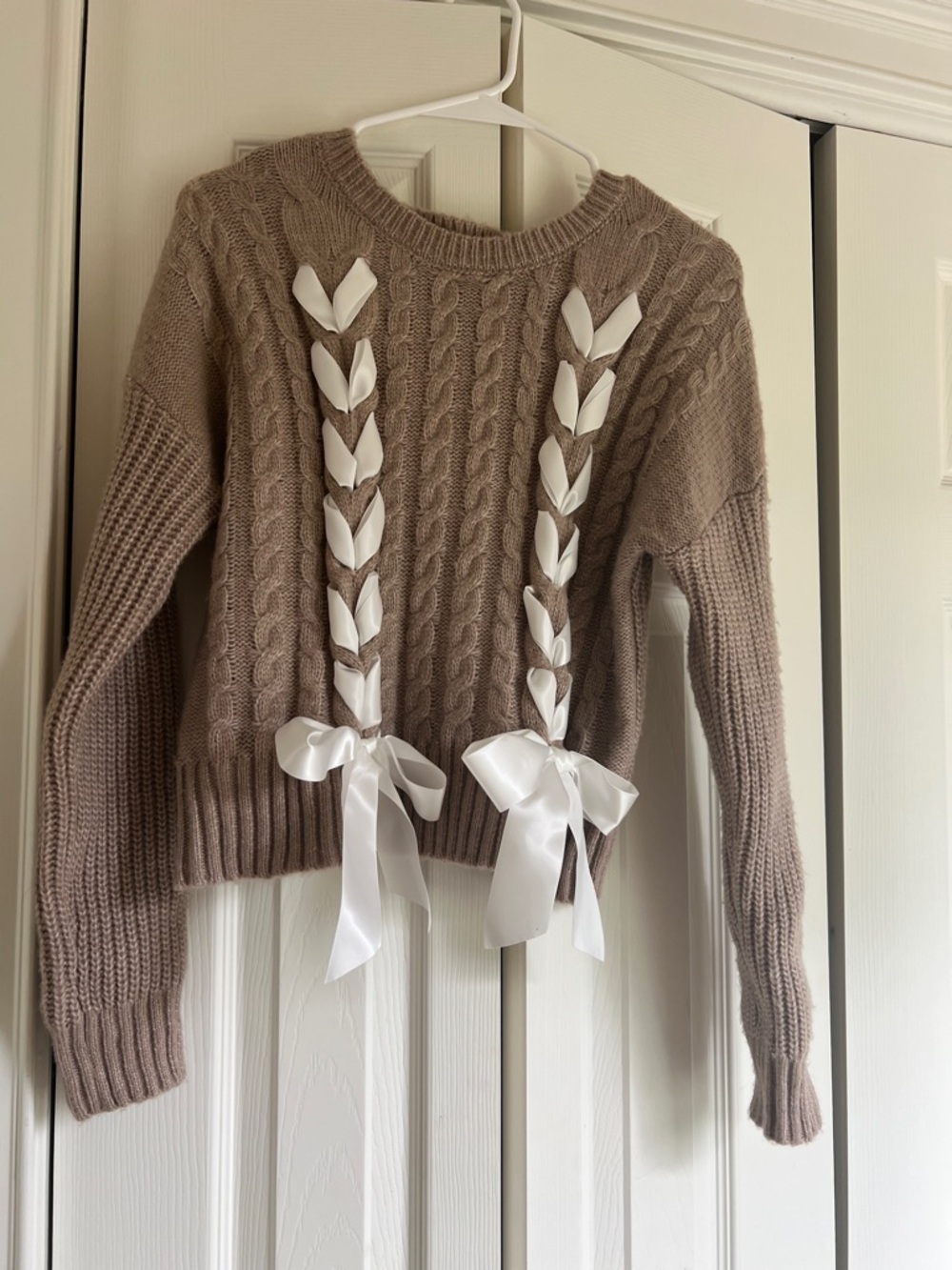 Taupe Cable-Knit Crewneck Sweater with Ribbon Detail